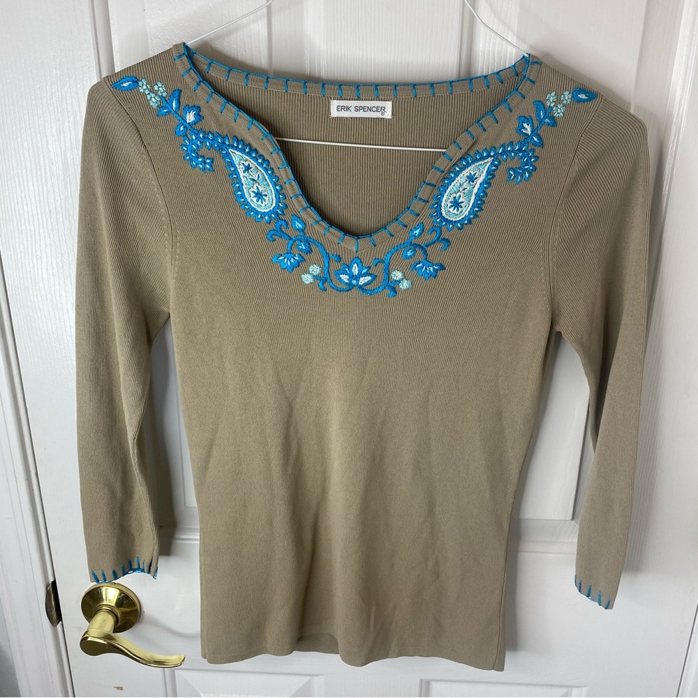 Erik Spencer Khaki Turquoise White Embroidery Sweater Top S